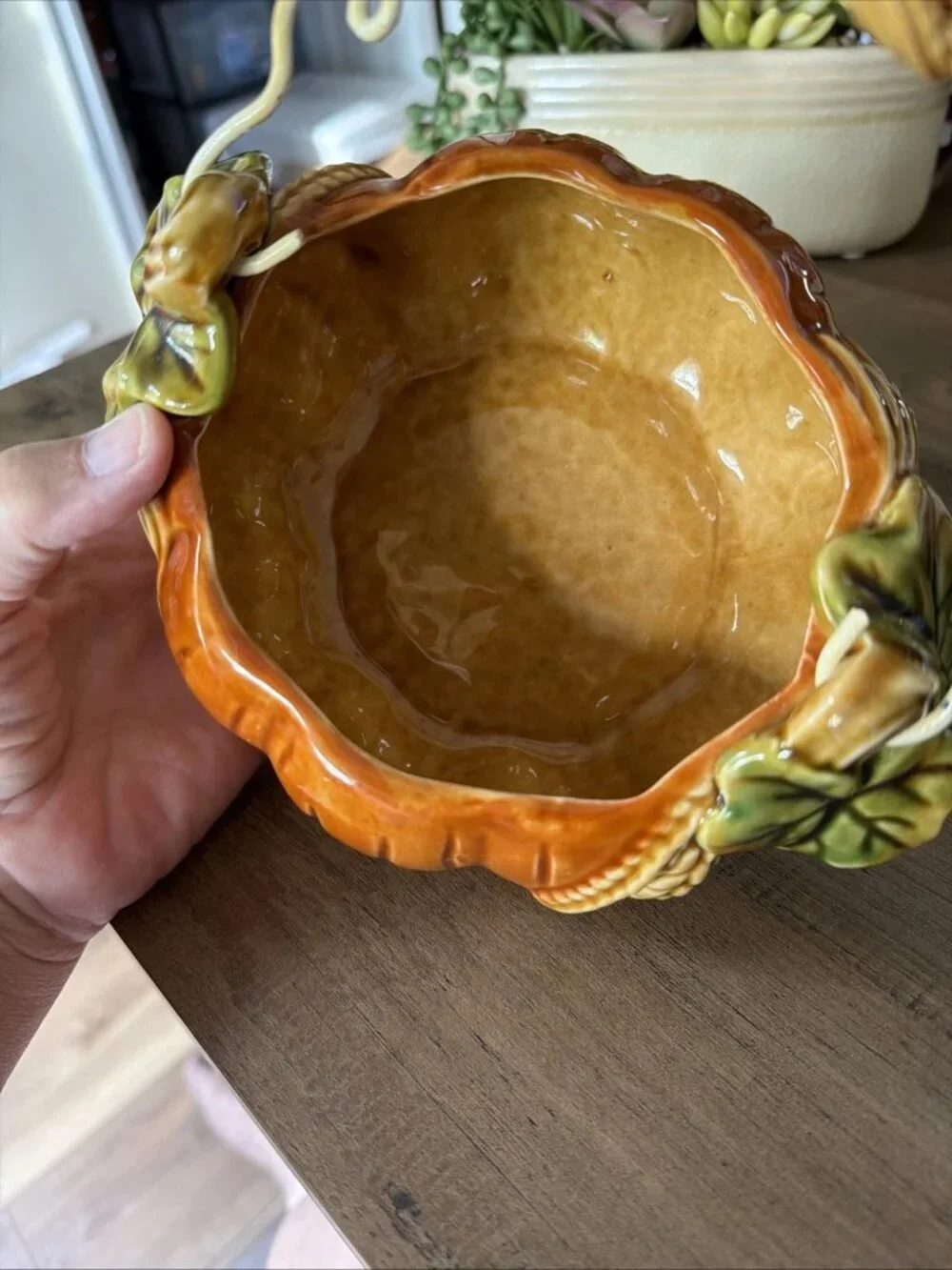 Vintage Ceramic Pumpkin Harvest Basket With Wheat Stalk Motif On The Handle